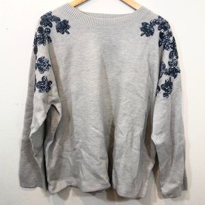 J Crew Blue Gray Sweater Blue Sequin Flowers Crew
